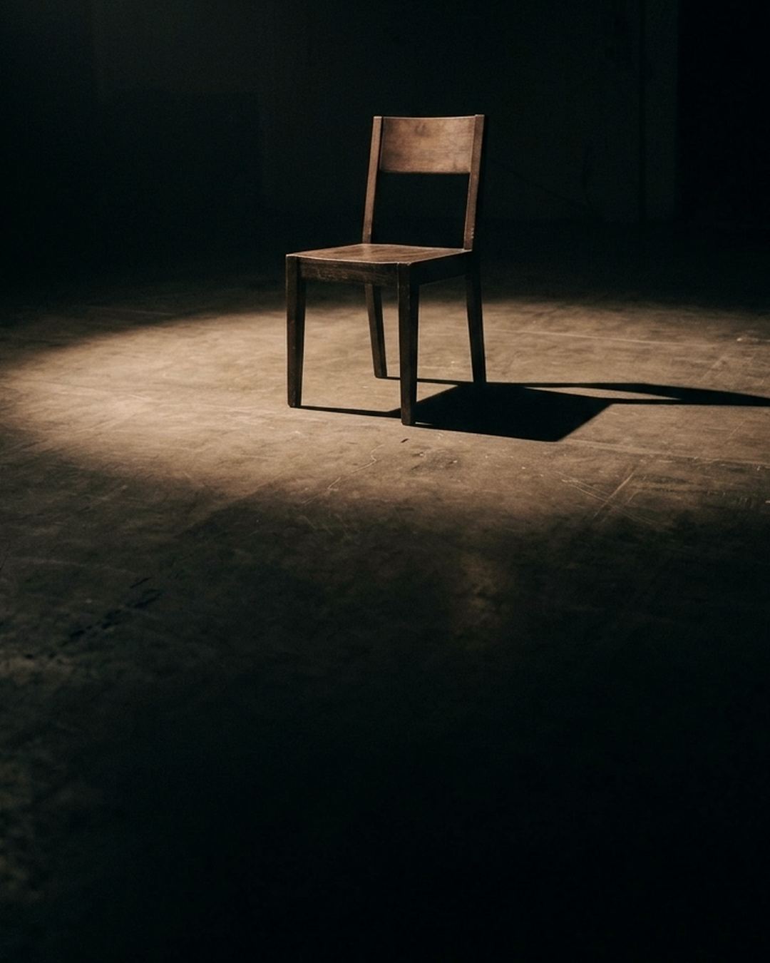 An empty chair under a single hard light in a dark studio.